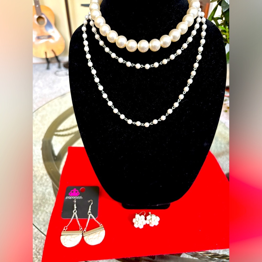 Silver and White Pearl Necklace Set, including Paparazzi